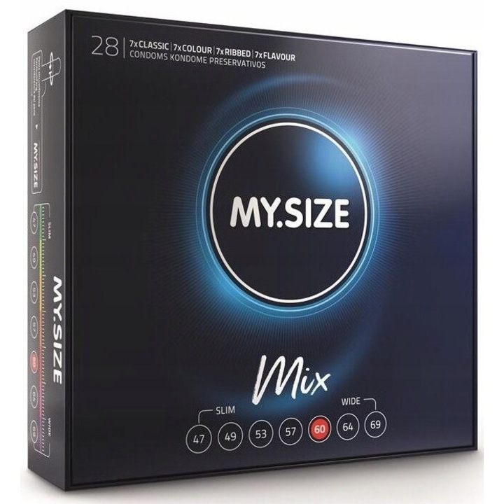 Set De Prezervative, My.Size, Mix 60 mm, My.Size, Circumferinta 12.0 Pana La 13.0 cm, Fabricat Din Cauciuc Latex Natural, Umectat, Finisat Cu Rezervor, Lungime 193 mm, Latime 60 mm, Grosimea Peretelui 0,07 mm, 193 mm x 60 mm, Multicolor, 28 Bucati