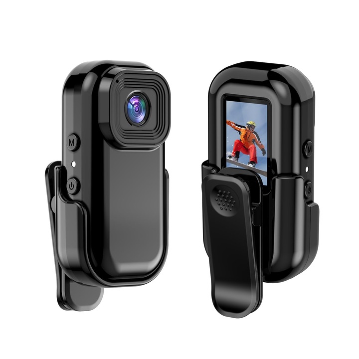 Спортна видеокамера WiFi 1080P 30fps, 0,96-инчов LCD екран Вградена акумулаторна батерия Детекция на движение Магнитна стойка Задна щипка Защитен капак Преносим WALALLA Обсидианово черно