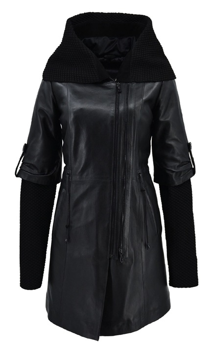 Palton cu blana pentru dama Leather100, Negru