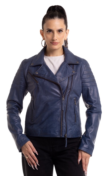 Jacheta de dama din piele, Leather100, Albastru denim, 49-W-3130
