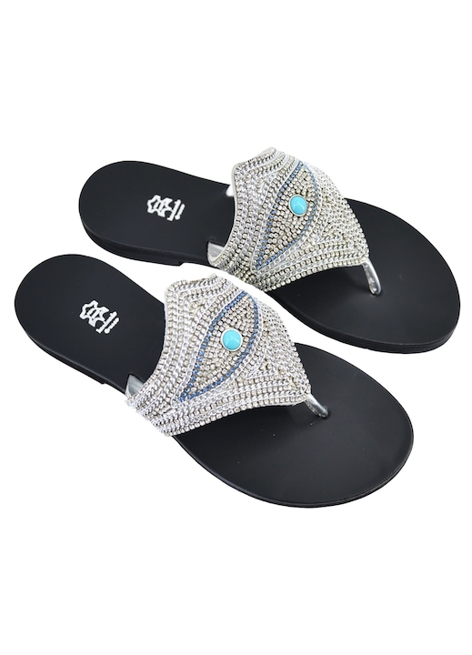 Papuci din piele pentru femeie, Leather100, Negru/Argintiu, 54-WD-526