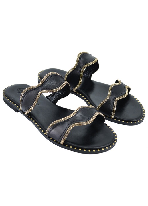 Papuci din piele pentru femeie, Leather100, Negru, 55-W-04-027