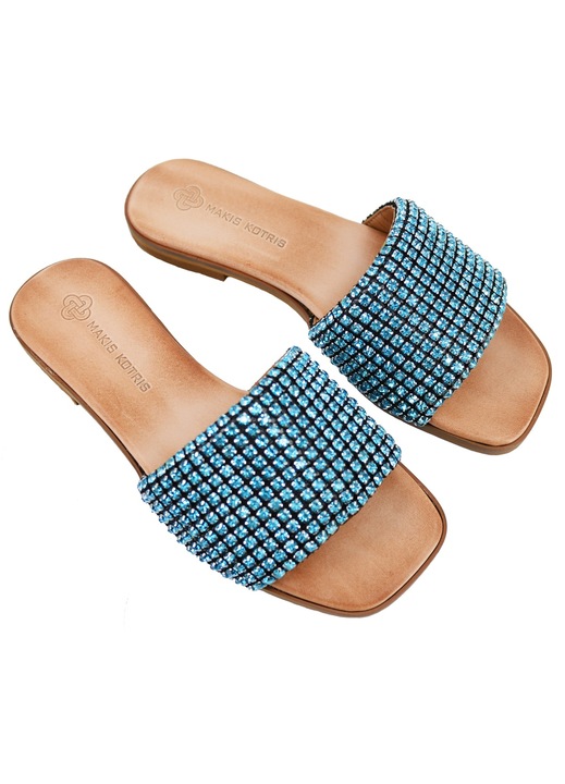 Papuci din piele pentru femeie, Leather100, Turcoaz, 55-W-15-197