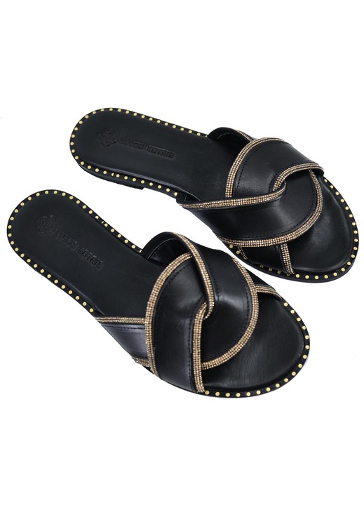 Papuci din piele pentru femeie, Leather100, Negru, 55-W-04-415