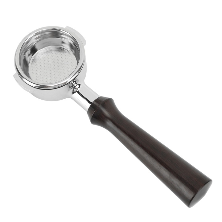 Portafiltru de cafea 58mm, Bizaical, din aluminiu, cu maner din lemn, design fara fund, usor de utilizat