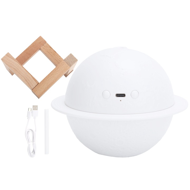 Párásító éjszakai fénnyel, longziming, 200ml űrtartalom, bolygó alakú, 13,5x13,5x11cm, fehér