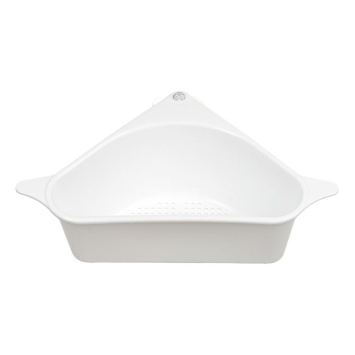 Suport organizator pentru chiuveta Antbro®, triunghiular cu ventuza, fund perforat, din plastic alb, 18x18x22cm