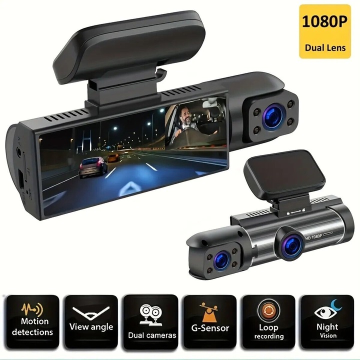 Двойна камера за кола, предна и вътрешна, M8, Full HD, IPS екран 3.16", ъгъл 170 градуса, нощно виждане, G сензор, детекция на движение, слот за SD карта