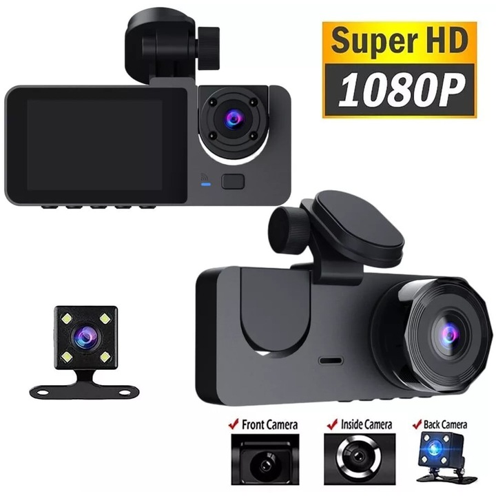 Тройна DVR камера за кола, предна, вътрешна и задна, D12, с 2-инчов LCD екран, Full HD 1080P, детекция на движение, G-сензор, WDR, слот за карта