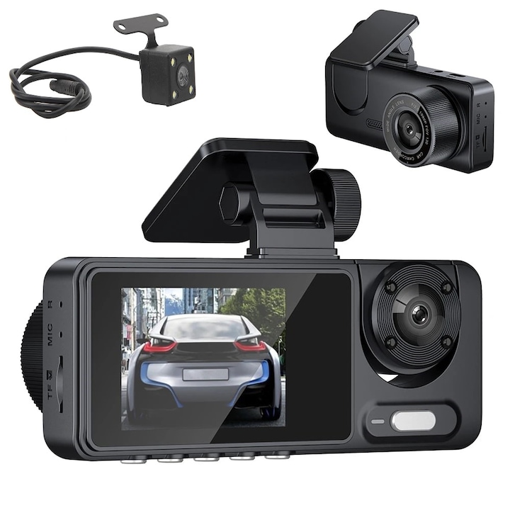 Тройна камера за кола, предна, вътрешна и задна, Y15, 2" IPS екран, Full HD, 170 градусов ъгъл, G сензор, разпознаване на движение, нощно виждане, слот за SD карта