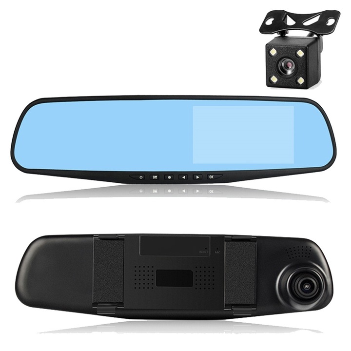 Огледало за обратно виждане с DVR видеокамера, предна и задна GT600, с G-сензор, 3,5-инчов екран, детекция на движение, слот за карта