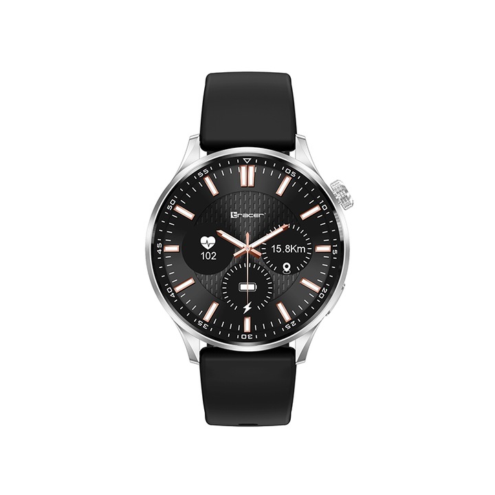 Smartwatch multifunctional, Tracer, SMW9 X-Tro, IPS de 1,52 inchi, 47 mm, Bluetooth Argintiu-Negru