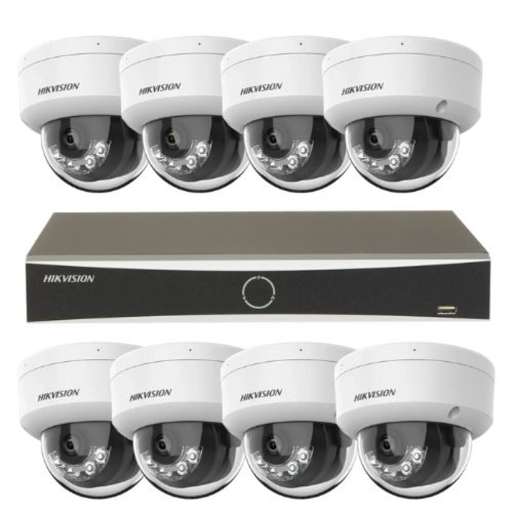 Sistem de supraveghere HIKVISION, 4 camere 8MP, NVR 8 canale, HDD 1TB, tehnologie Smart Dual Light, 30m iluminare