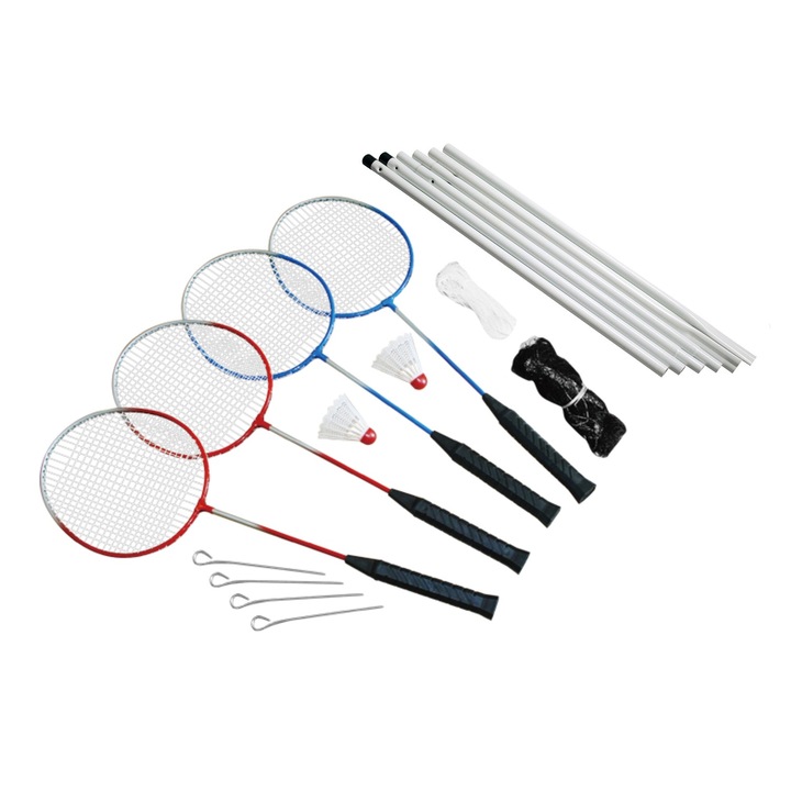 Set de rachete de badminton pentru 4 jucatori, Master, Fun 4, 4 rachete, 2 fluturasi, plasa, Lungimea rachetei 65 cm