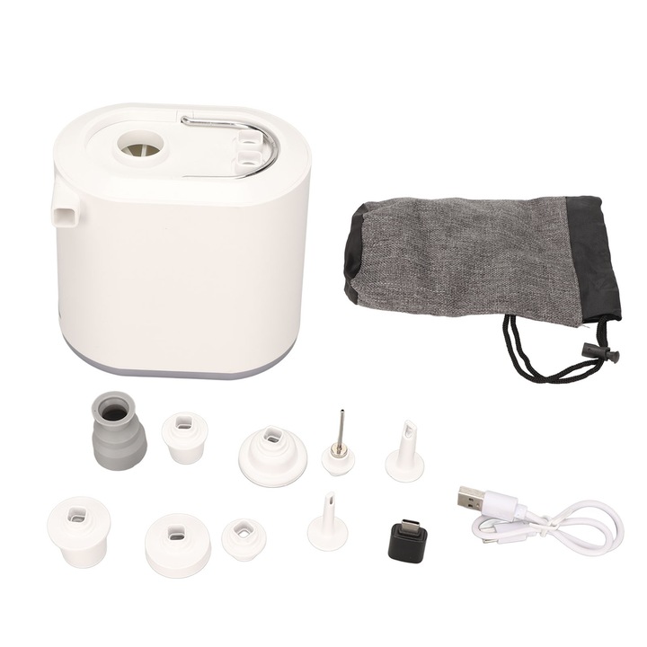 Mini elektromos pumpa, Enforose, hordozható, 1300mAh akkumulátor, mérete 5x7x7.5cm, felfújható matracokhoz és medencékhez