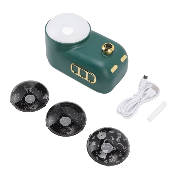 Kisvonatos légnedvesítő, 3 típusú vetítőfólia, néma, aranyos, USB párásító nappaliba, hálószobába, éjjeliszekrényre, zöld