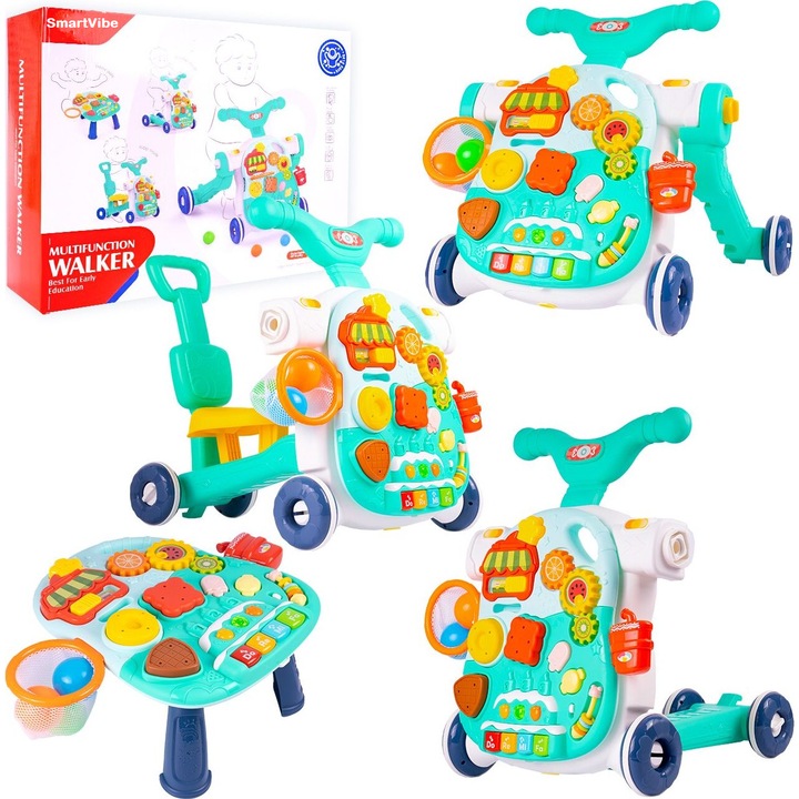 Antemergator Мултифункционален велосипед 4in1 KiddyStep Indiggo® Balance Bike/Център за дейности/триколка с дръжка, музикални играчки, светлини, отделящ се панел, баскетболен кош, цветни форми, неплъзгащи се колела, стабилна конструкция, тюркоаз