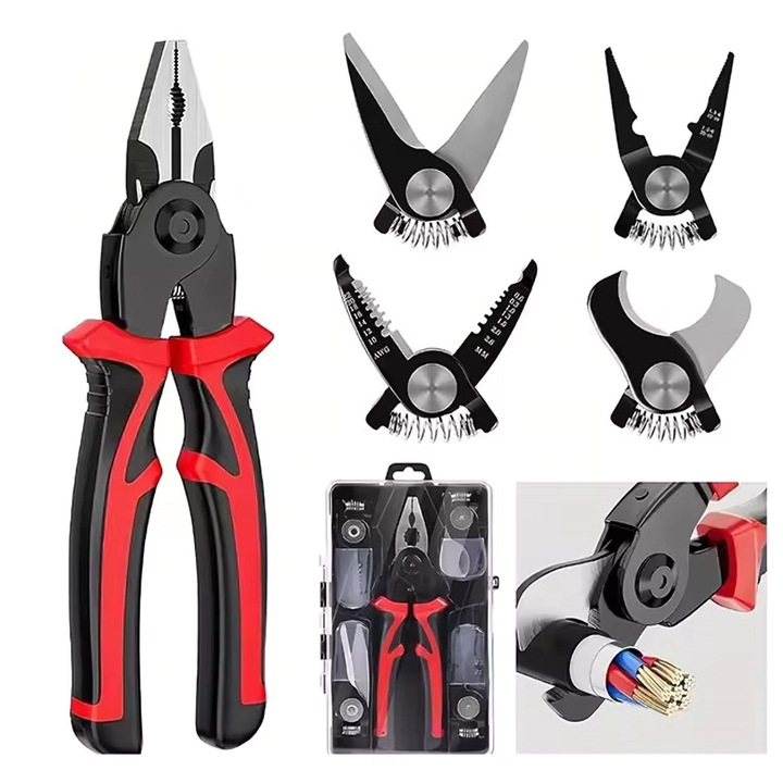 Set Clesti 5 in 1 BYNOVIS®, Patent, Taietor Cablu, Dezizolator, Cleste Sertizare, Foarfeca de tabla, Cap interschimbabil, Inlocuire usoara, Maner ergonomic, Prindere confortabila, Izolat electric, Material otel de scule, Cutie de Depozitare, Negru/Rosu