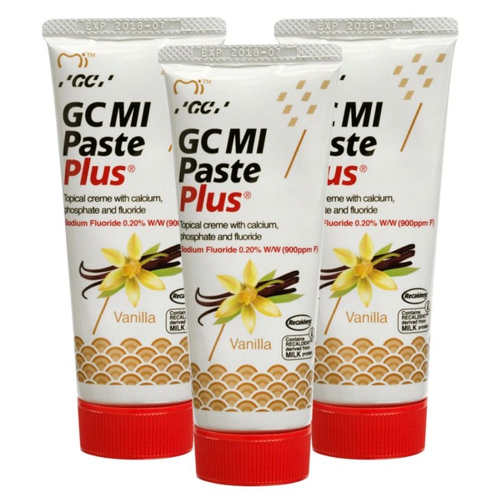 Паста за зъби GC Mi Paste Plus Vanilla 35 ml, комплект от 3 броя, за реминерализация на емайла, с флуорид