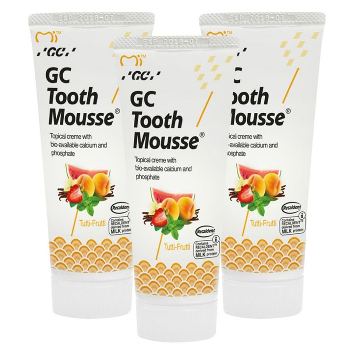 Комплект от 3 пасти за зъби GC Tooth Mousse, вкус Tutti-Frutti, реминерализация, 3x35 ml