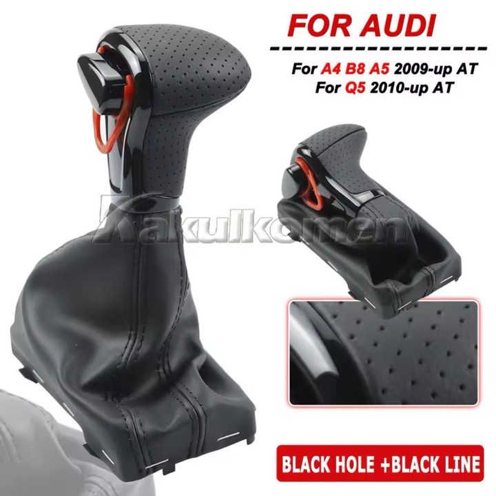 Nuca si manson, pentru schimbator de viteze pentru cutie automata, compatibil cu Audi A3/A4/A5/A6/Q5/Q7 S-line, Piele Perforata, Negru lucios