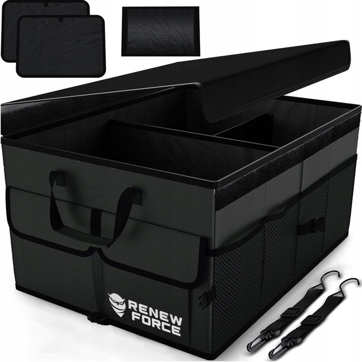 Organizator portbagaj auto Renew Force, geanta multifunctionala, pliabil, 3 compartimente, impermeabil, Capacitate 64 litri, 51 cm x 36 cm x 32 cm, Negru