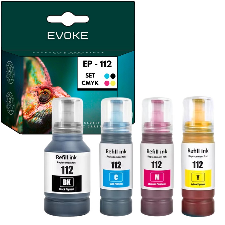 Set 4 Cartuse cerneala imprimanta pentru Epson 112 XL CMYK, 127 ml si 7500 pagini negru, 70 ml si 6000 pagini fiecare culoare, compatibil cu L15150 L15160 L6570 M15140 L6460 L15180