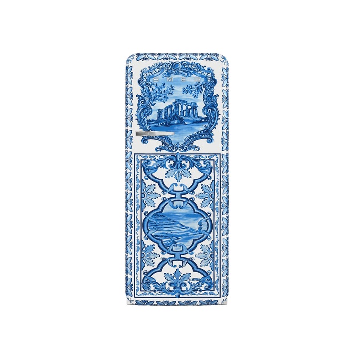 Ретро хладилник Smeg, колекция Dolce&Gabbana, капацитет 270 литра, H 153 см, фризер 26 литра, регулируема температура, 3 стъклени рафта, 4 отделения на вратата, отделение за плодове/зеленчуци, отделение 0°C, LED вътрешно осветление, син