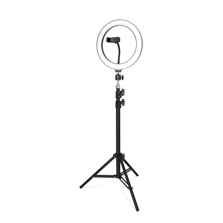 Professzionális kör alakú Led Ring Light lámpa, átmérő 26 cm, 10 hüvelyk, 120 SMD LED, állvány mellékelve, 3 fénymód, 10 fénybeállítási fokozat, telefontartó, vezetékes távirányító, Fekete