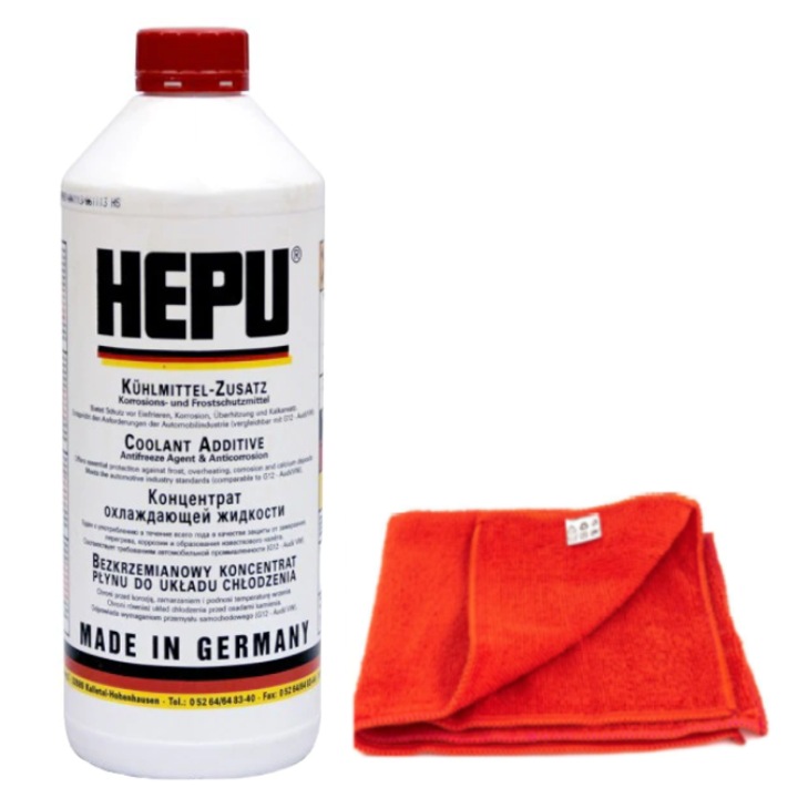 Комплект концентриран антифриз Hepu G12, червен, 1,5 л плюс супер абсорбираща микрофибърна кърпа