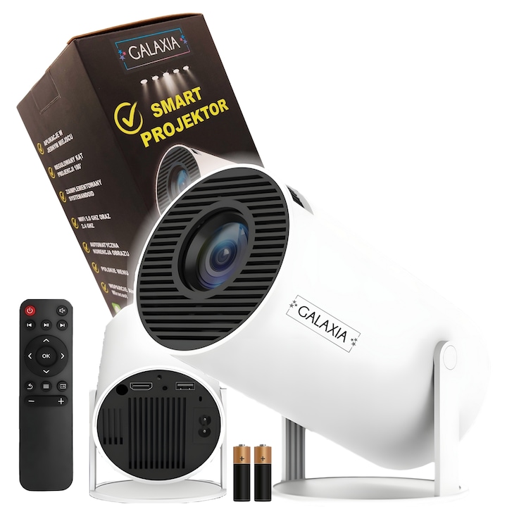 GALAXIA, Преносим Smart LED видео проектор с Android 12, Wi-Fi 6, BT 5.0, HD резолюция 1280x720p, HDMI, USB и Mirroring, IOS/Android, бял