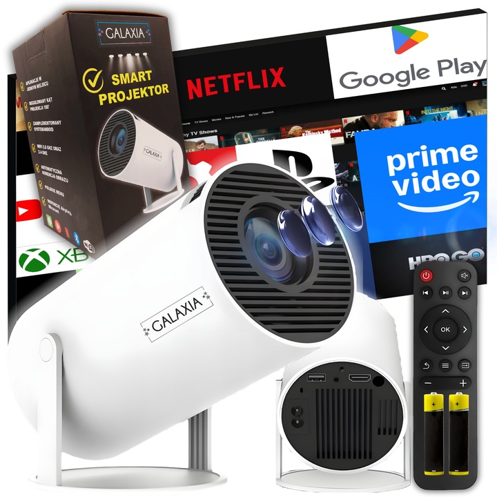 Videoproiector Smart LED portabil GALAXIA® cu Android 12, Wi-Fi 6, BT 5.0, rezolutie HD 1280x720p, HDMI, USB si Mirroring, IOS/Android, alb