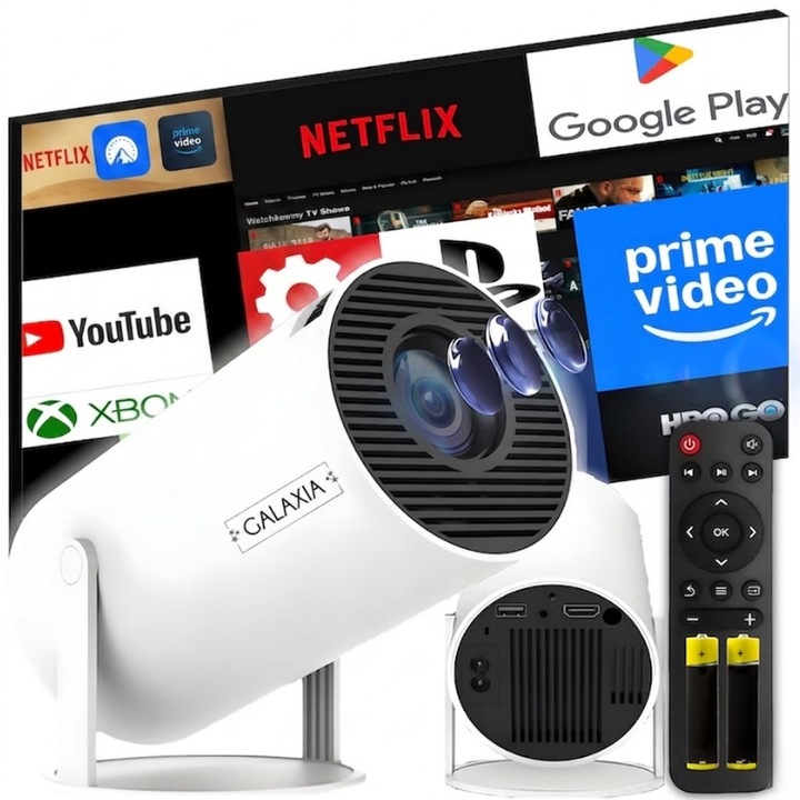 Videoproiector Smart LED portabil GALAXIA® cu Android 12, Wi-Fi 6, BT 5.0, rezolutie HD 1280x720p, HDMI, USB si Mirroring, IOS/Android, alb