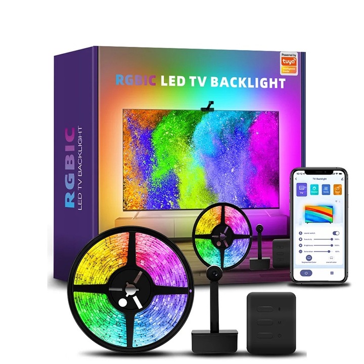RGBIC LED лента за телевизор, WiFI, синхронизация на изображението, интелигентност, подсветка на телевизора, контрол на приложението Tuya, съвместим с телевизор, диагонал 55-65 инча, 3,8 м