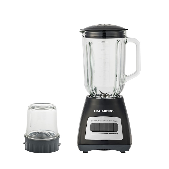 Блендер с мелачка HAUSBERG HB-7772NG, 500W, Капацитет 1.5L, Стъклена купа, 4 скорости, Ножове от неръждаема стомана, Черен