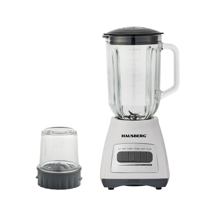 Блендер с мелачка HAUSBERG HB-7772AB, 500W, Капацитет 1.5L, Стъклена купа, 4 скорости, Ножове от неръждаема стомана, Бял