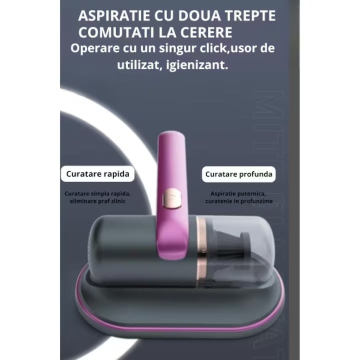 Aspirator pentru multi-suprafete, anti-acarieni, wireless, igienizare profunda, usor si manevrabil, cu buton On/Off, cu acumulator, mov