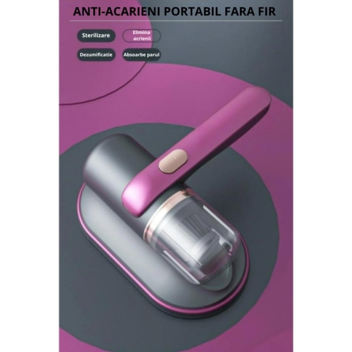 Aspirator pentru multi-suprafete, anti-acarieni, wireless, igienizare profunda, usor si manevrabil, cu buton On/Off, cu acumulator, mov