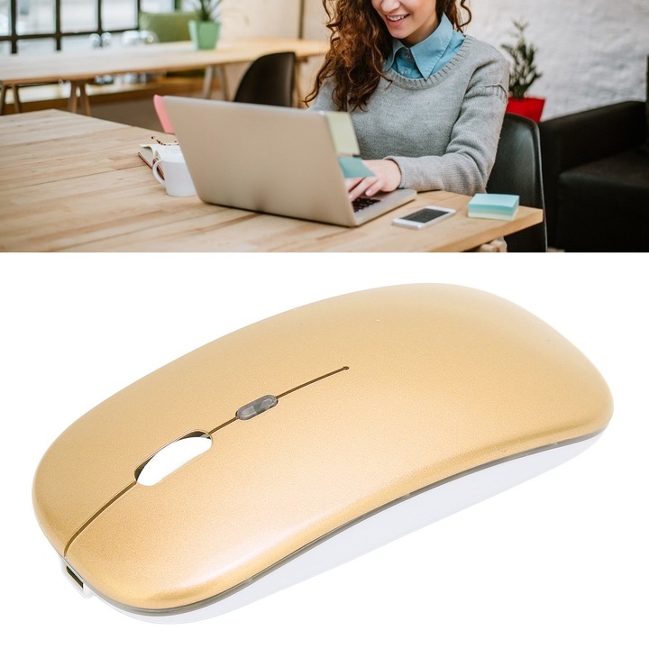 2.4 GHz LED безжична мишка, регулируема DPI, USB зареждане, безшумна мишка против пръстови отпечатъци, безжична за лаптоп, златиста