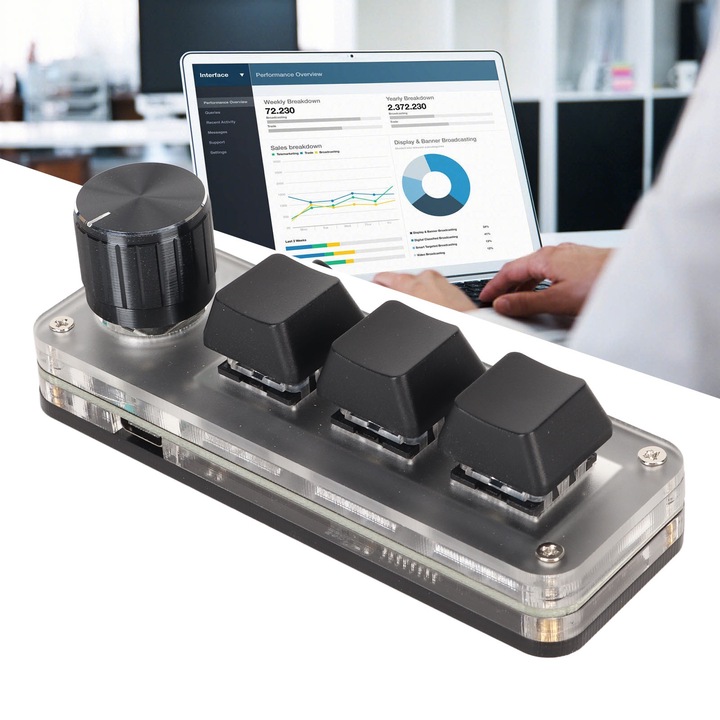 Мини USB клавиатура с 3 клавиша, програмируем бутон, Type-C кабелна връзка, син превключвател, геймърска клавиатура за една ръка, черна