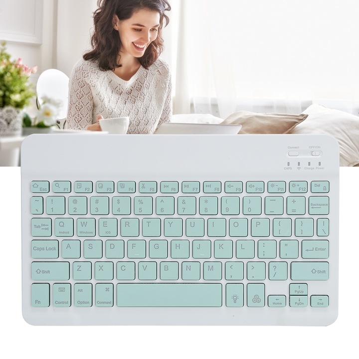 Безжична клавиатура Ултратънка безжична Bluetooth клавиатура с подсветка за телефон, таблет и настолни компютри (светлозелена)
