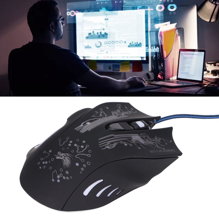 Vezetékes gamer egér, longziming, 3000 DPI, 6 programozható gomb, többszínű világítás, fehér
