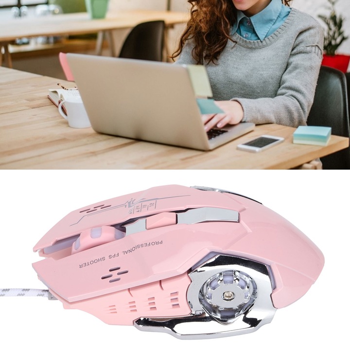Vezetékes egér USB porttal, 6 gombos, megvilágított játékhoz, ergonomikus, optikai, számítógépes kiegészítőkkel, rózsaszín