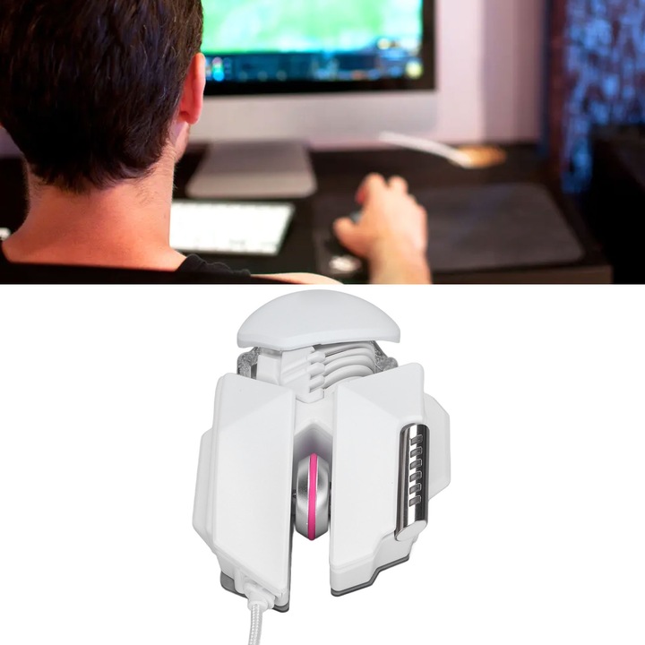 Vezetékes gamer egér, hosszú ziming, RGB világítás, teleszkópos állítás, 6 gomb, fehér