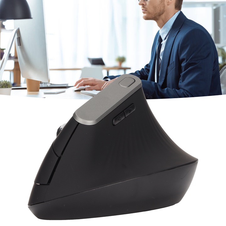 Függőleges egér, longziming, vezeték nélküli 2.4G, 6 gomb, fekete