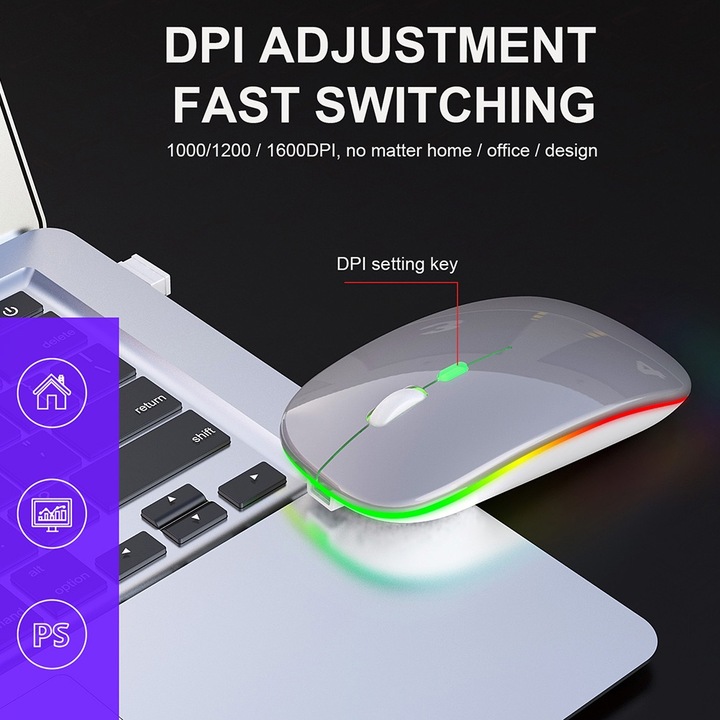 2.4G vezeték nélküli egér USB újratölthető vezeték nélküli játékegér LED színes fény ezüsttel