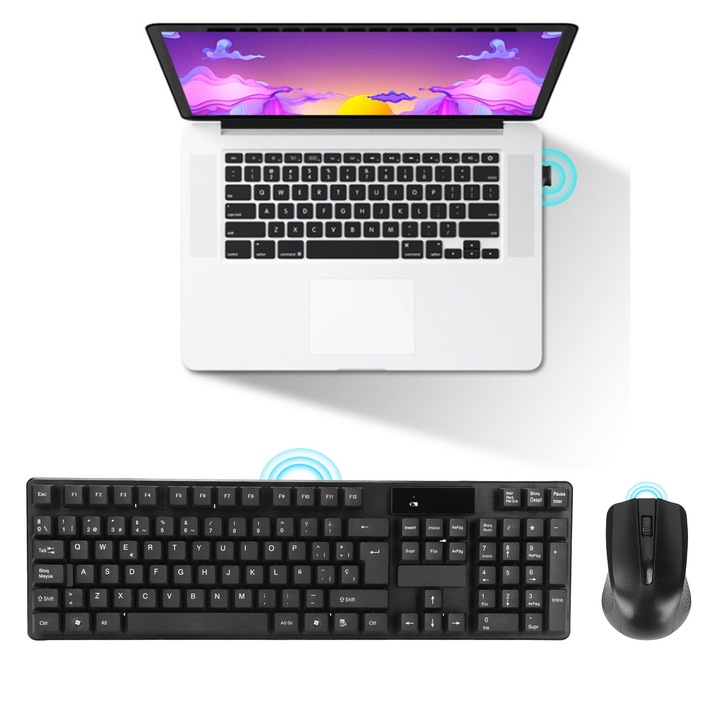 Longziming vezeték nélküli billentyűzet és egér szett, 2.4G, 1600dpi, fehér, 104 billentyű