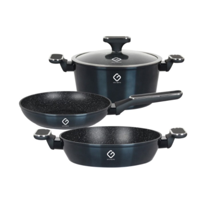 Set 2 x 3 Vase din Aluminiu si Capac din Sticla, Albastre, Compatibile cu Plita cu Inductie, Grunberg