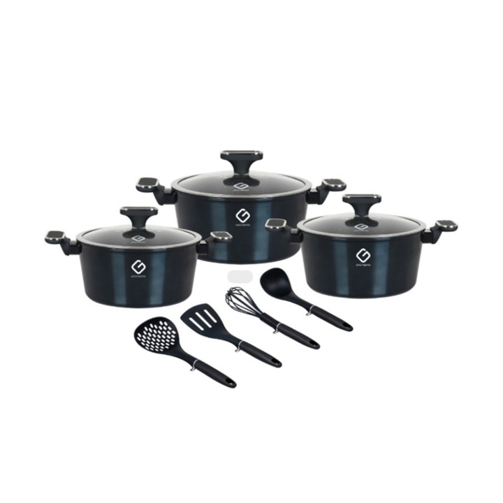 Set 2 x 3 Vase din Aluminiu cu Capace din Sticla si 4 Ustensile, Albastre, Compatibile cu Plita cu Inductie, Grunberg