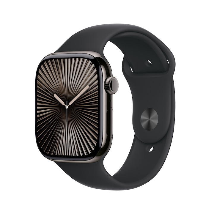 Apple Watch Series 10, Cellular, 42 mm, корпус Slate Titanium, черен, спортна каишка, M/L